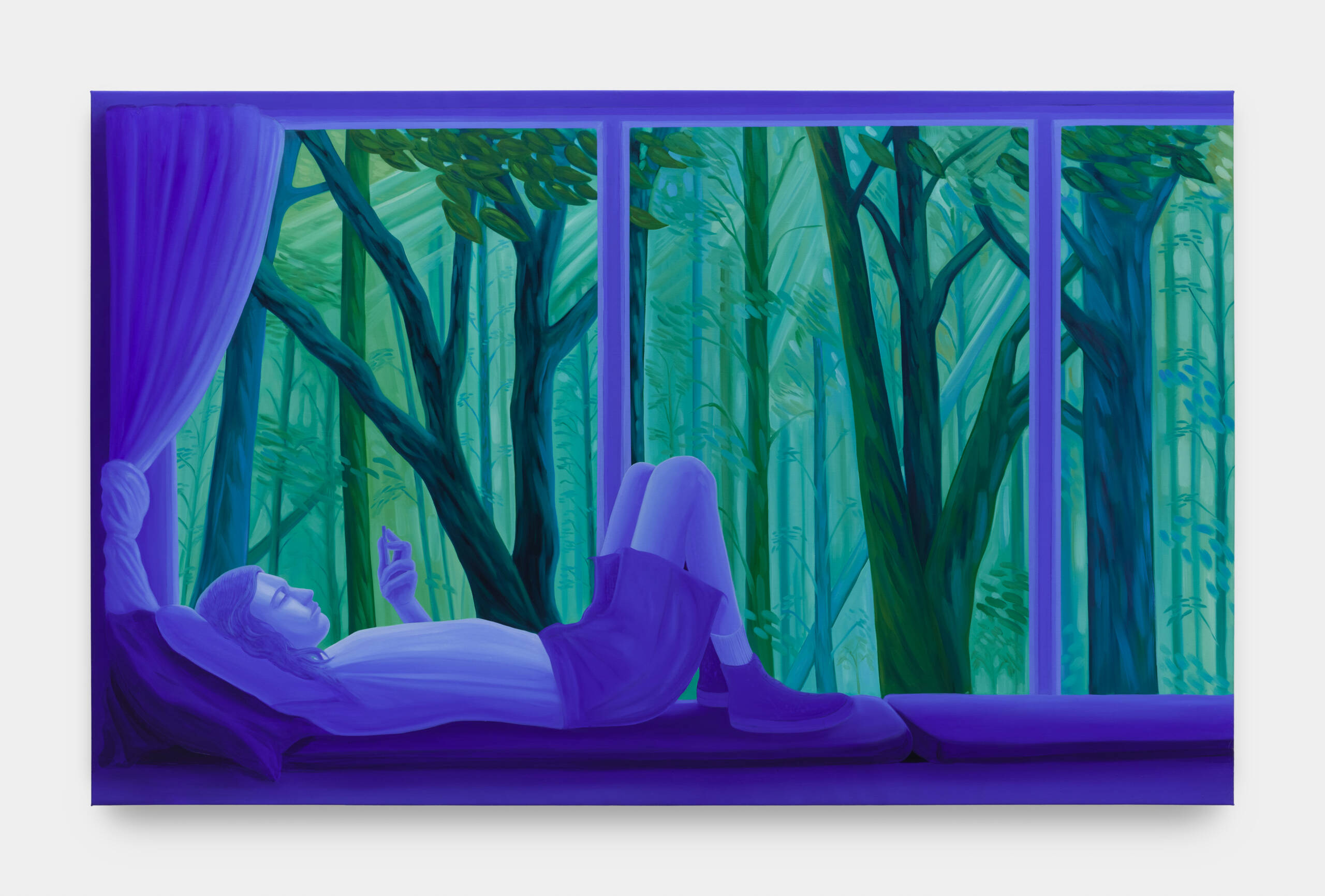 Blue and green painting of man lying down